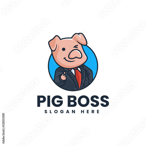 Vector Logo Illustration Pig Boss Mascot Cartoon Style.