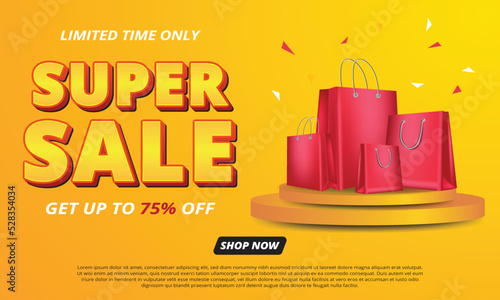 Super sale promotion banner template design with shopping bag and podium