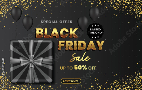 Black friday banner with gift box & balloon vector illustration