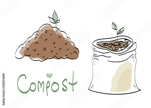 organic compost bag, vector doodle line art