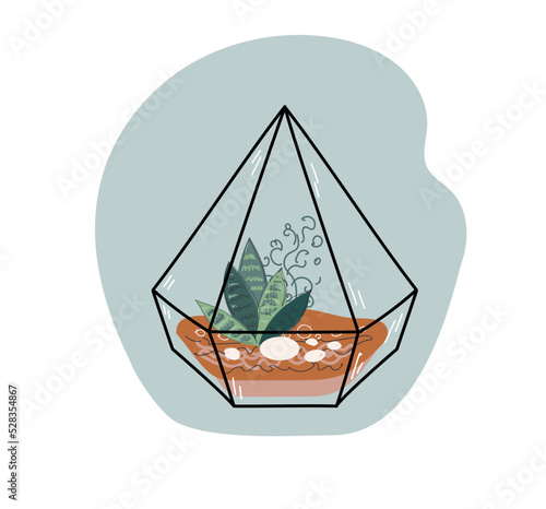 Modern glass florarium, geometric terrarium with succulents and cactus.  japanese decoration, home gardening. Vector doodle illustration.