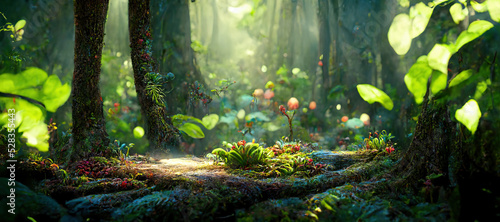 Print op canvas A beautiful enchanted forest with big fairytale trees and great vegetation