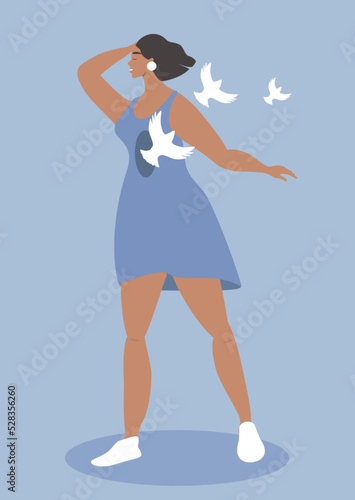 vector illustration in a flat style on the theme of mental health, psychotherapy. a woman has white birds flying out of her chest