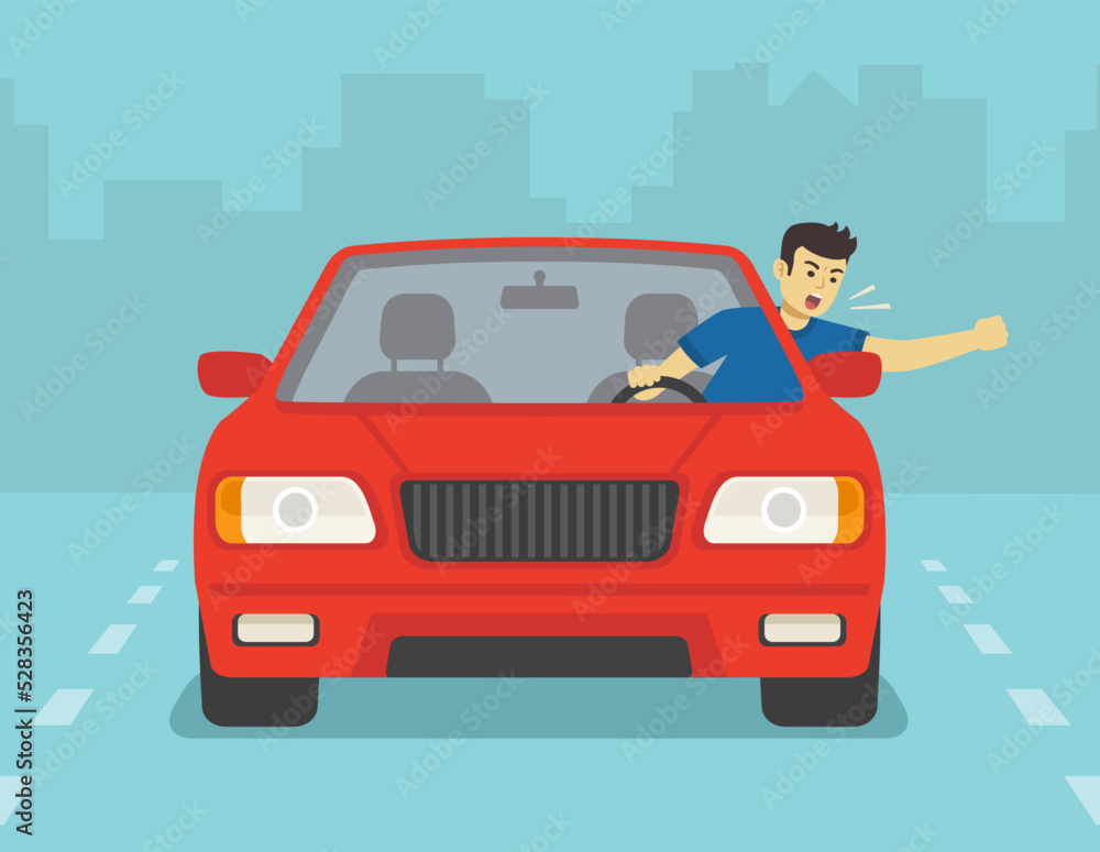 Safe driving tips and traffic regulation rules. Isolated front view of a yelling male driver. Young man leaning out the car window and shows his fist. Flat vector illustration template. Safe driving tips and traffic regulation rules. Isolated front view of a yelling male driver. Young man leaning out the car window and shows his fist. Flat vector illustration template.