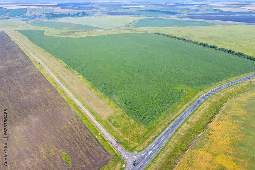 Aerial view of farm filds and roads on sunny summer day. Saratov Oblast, Russia.