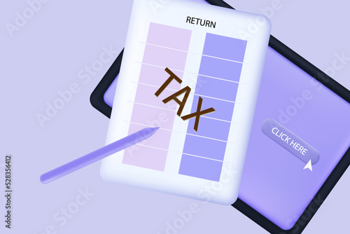 Filling out the tax return form online 3d. Submission of the annual financial report. Tablet and tax return. The concept of control of individual income, profit and budget. Electronic data. Report.