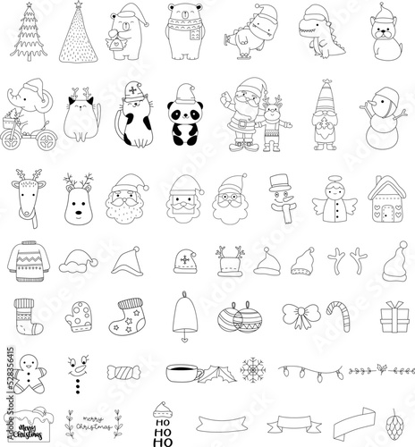 Cute Christmas element cartoon bundle  outline hand drawn  for Christmas  kids baby animal characters  card.vector illustration