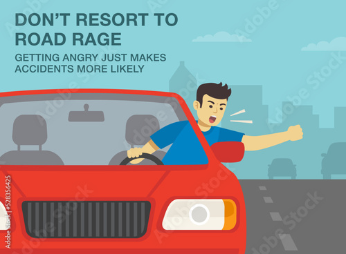 Safe driving tips and traffic regulation rules. Close-up front view of a yelling driver. Do not resort road rage, getting angry makes accidents more likely. Flat vector illustration template.
