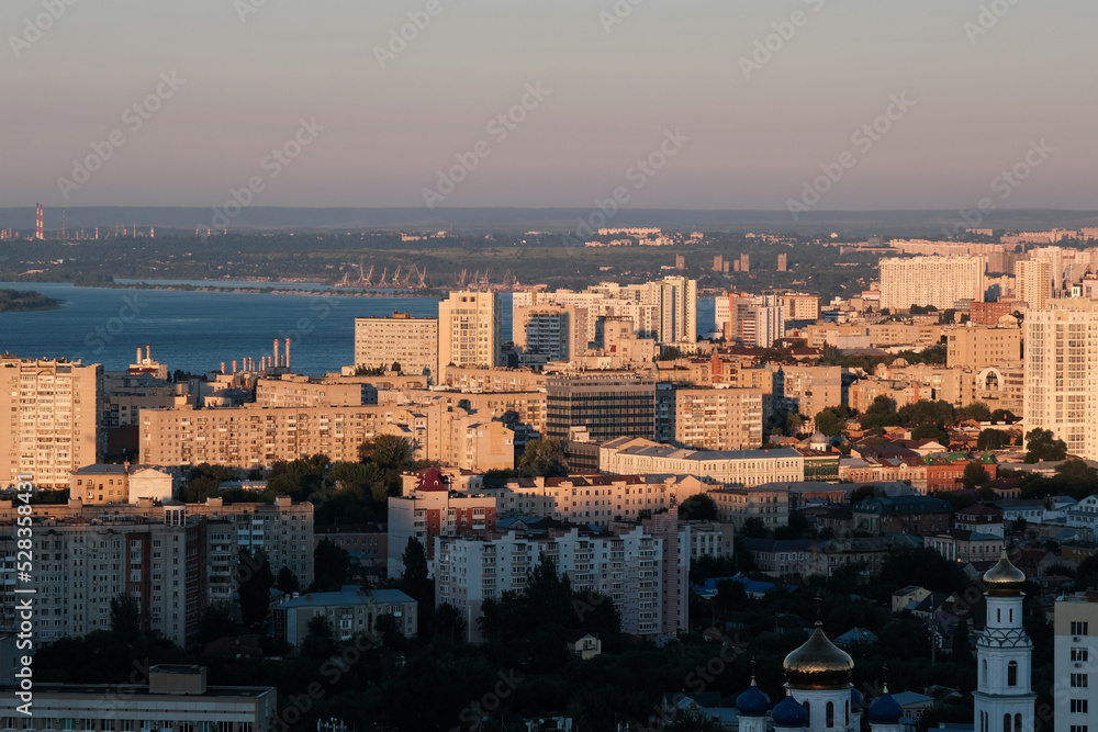 View of Saratov on summer sunrise. Saratov Oblast, Russia.
