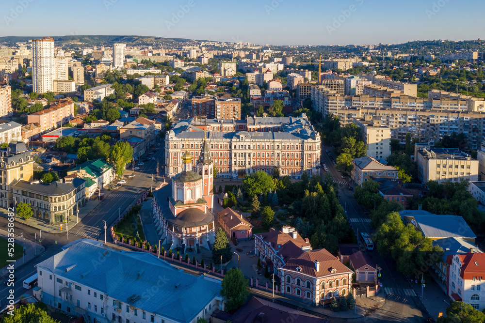 Aerial view of historical part of Saratov and Troitsky cathedral on sunny summer morning. Volga, Russia.