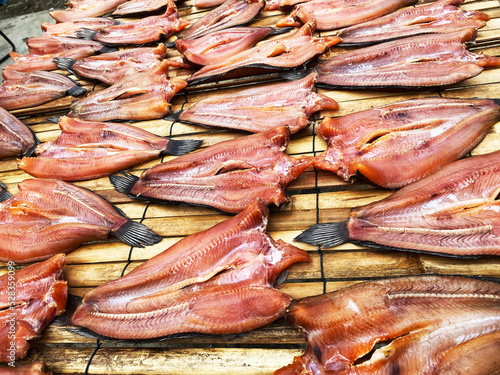 Dried common snakehead fish in the open market, Thailand
