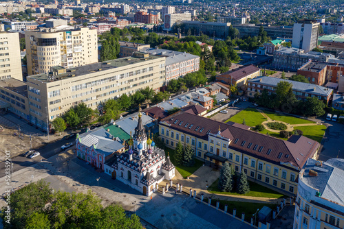 Aerial view of Quench My Sorrows church and Eparchy building on sunny day. Saratov, Russia..