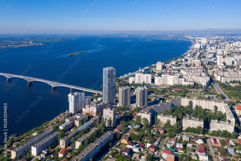 Aerial view of Saratov on sunny summer day. Volga, Russia.