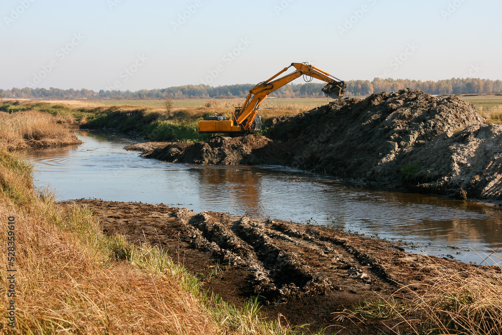 Excavator cleans the pond
