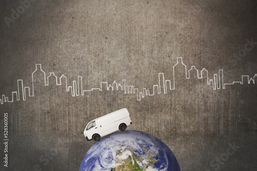 Illustration of van on globe