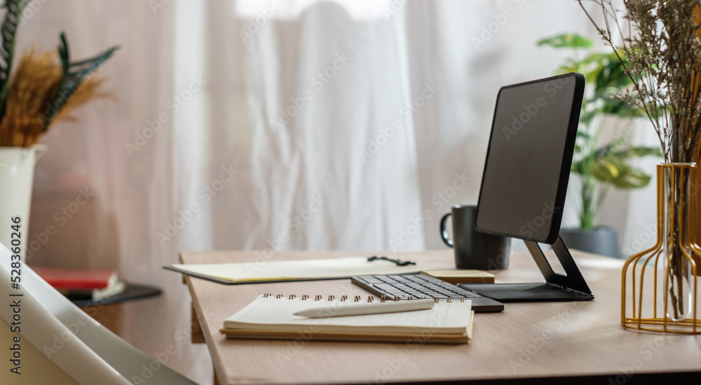 Fototapeta premium working desk at home before video conference online