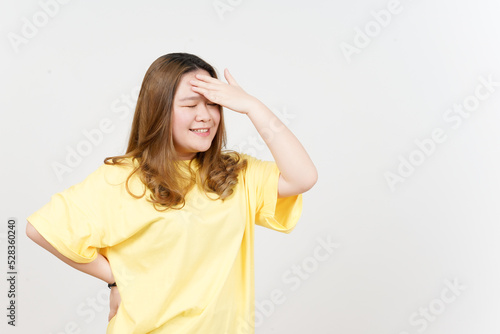 Forget Something Gesture of Beautiful Asian Woman wearing yellow T-Shirt Isolated On White