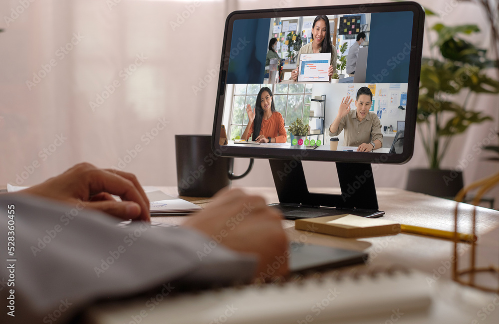 asisn woman video conference busienss meeting with colleage online with tablet at home asisn woman video conference busienss meeting with colleage online with tablet at home