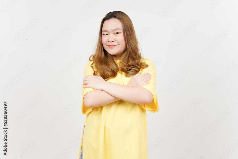 Happy Smile and Looking to camera of Beautiful Asian Woman wearing yellow T-Shirt Isolated On White Happy Smile and Looking to camera of Beautiful Asian Woman wearing yellow T-Shirt Isolated On White