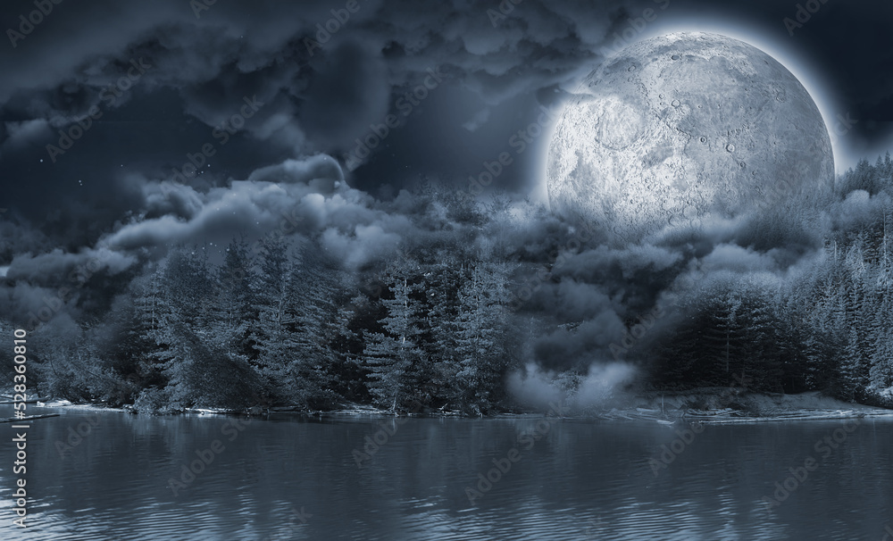 Fototapeta premium Landscape of lakefront hiding the moon 