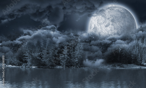 Landscape of lakefront hiding the moon 