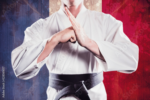 Midsection of martial artist practicing against French Flag