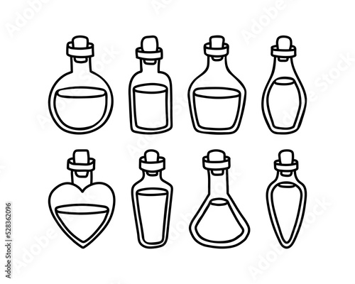 A set of doodle flask with magic potion. Hand-drawn bottles of different shapes. Vector illustration