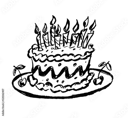 Birthday cake with candles in black on a white background