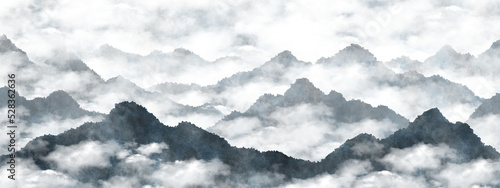 수채화와 수묵화 분위기의 동양 풍경 산수화 디자인 배경 이미지.