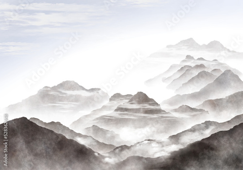 수채화와 수묵화 분위기의 동양 풍경 산수화 디자인 배경 이미지.