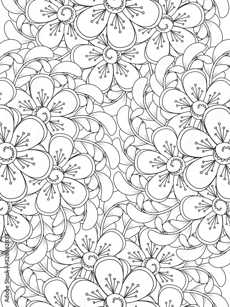 Flowers coloring book page. Isolated on white background. Doodle drawing anti-stress coloring books page for adults or children. Flat  Illustration