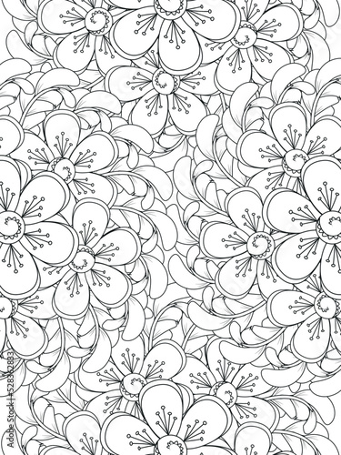 Flowers coloring book page. Isolated on white background. Doodle drawing anti-stress coloring books page for adults or children. Flat Illustration