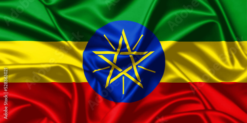 Ethiopia waving national flag close up silk texture satin illustration background.