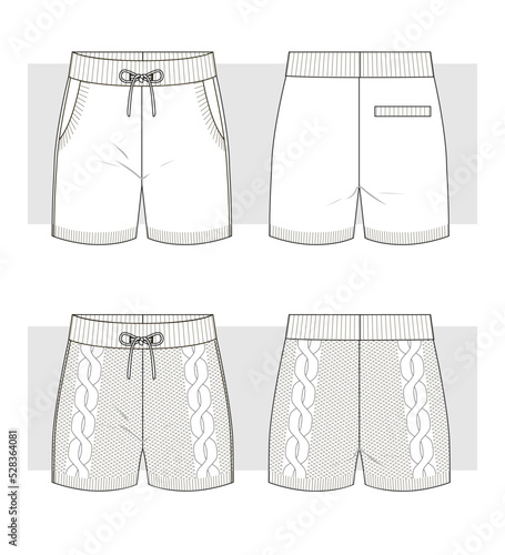 Knitted shorts with pockets and braids. Technical sketch. Vector illustration.