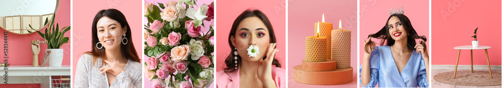 Set of different photos on pink background
