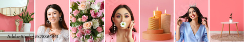 Set of different photos on pink background