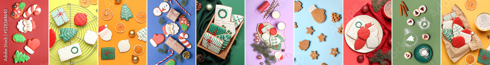 Set of tasty Christmas cookies on color background, top view
