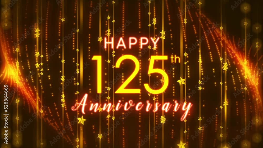 Happy 125th Anniversary Text Reveal On Golden Shiny Blurry Focus Vertical Star Particles Lines Curtain And Flickering Art Dotted Lines Loopable Happy 125th Anniversary Text Reveal On Golden Shiny Blurry Focus Vertical Star Particles Lines Curtain And Flickering Art Dotted Lines Loopable