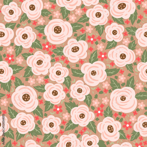 Seamless pattern with white roses. Vector graphics.