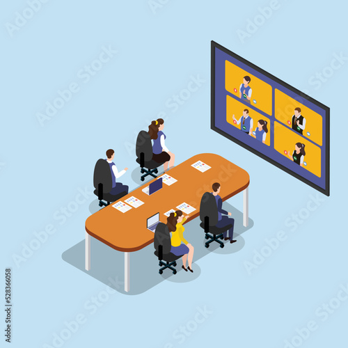 Business meeting Online Video Conference webinar isometric 3d flat vector illustration concept for banner, website, landing page, ads, flyer template, etc
