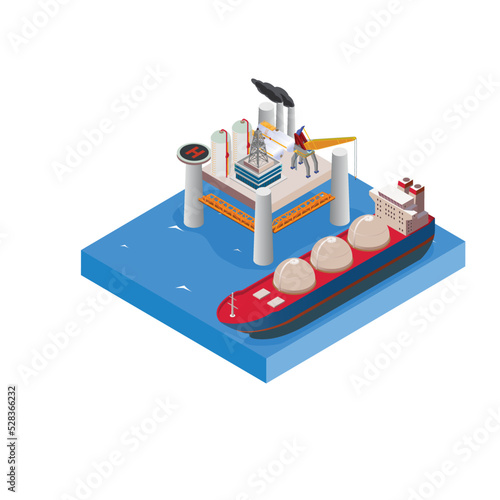 Ship tanker passing to rig drilling platform isometric 3d flat vector illustration concept for banner, website, landing page, ads, flyer template, etc
