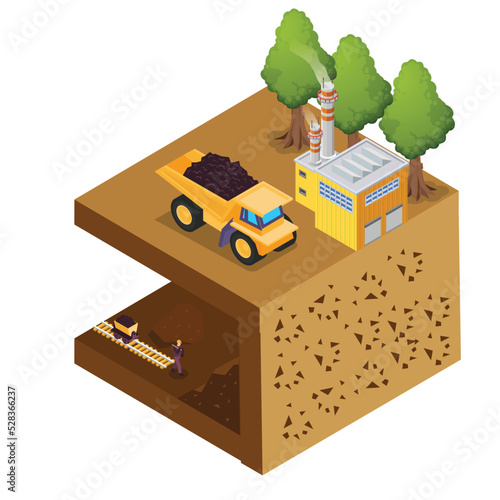 Coal mining industry isometric 3d flat vector illustration concept for banner, website, landing page, ads, flyer template, etc