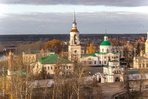 Beautiful view of St. Nicholas monastery from the bell tower of Trinity Cathedral. Verhoturye city, Sverdlovsk region, Russia.
