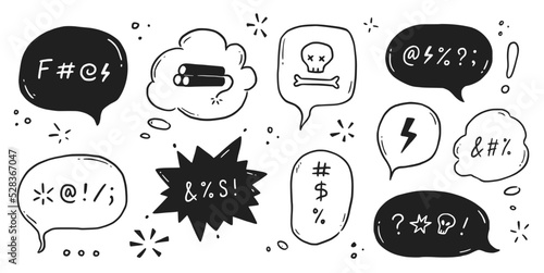 Swear word speech bubble set. Curse, rude, swear word for angry, bad, negative expression. Hand drawn doodle sketch style. Vector illustration