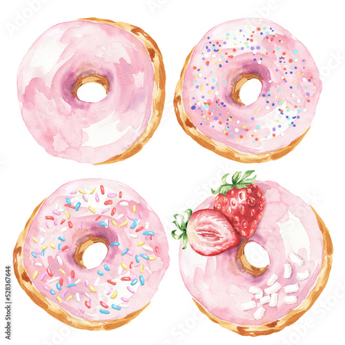 Fényképezés Donut set, pink strawberry doughnuts with dressings