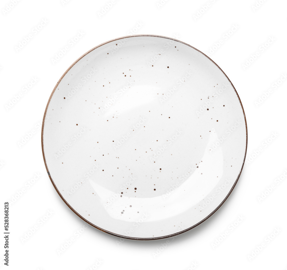 Empty ceramic plate isolated on white, top view - obrazy, fototapety, plakaty 