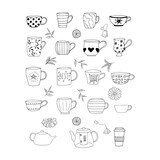 cups and teapots set hand drawn in doodle style. vector, minimalism, monochrome, scandinavian. icon, sticker.