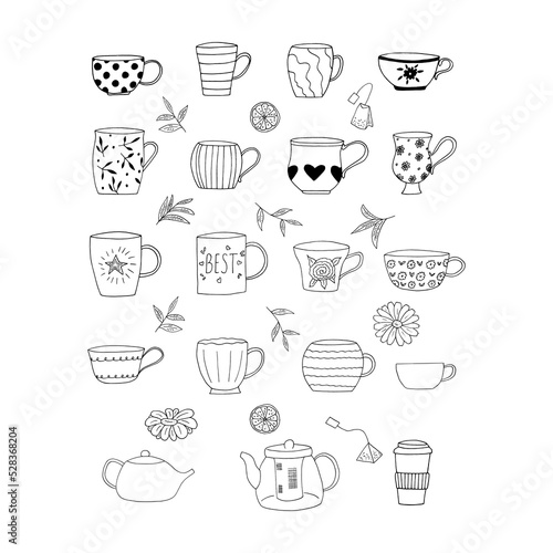cups and teapots set hand drawn in doodle style. vector, minimalism, monochrome, scandinavian. icon, sticker.