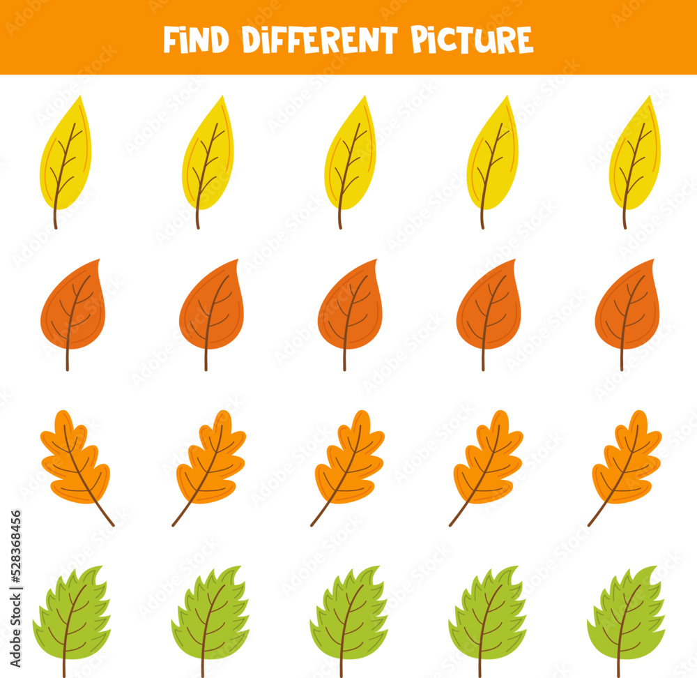 Find autumn leaf which is different from others. Worksheet for kids.