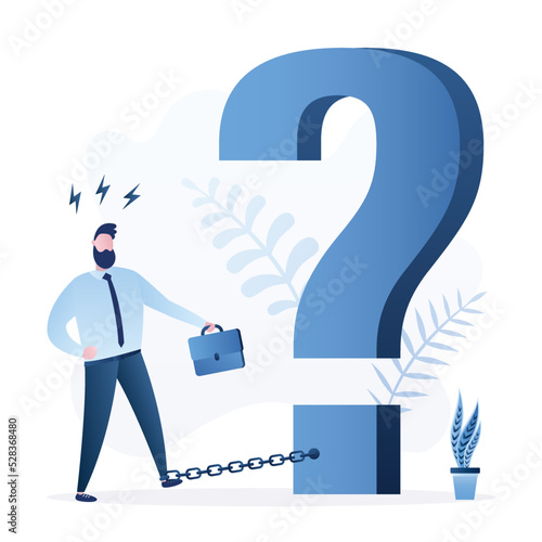 Businessman chained to huge question mark. Solving complex problem. Unhappy business man thinking about overcoming obstacles. Brainstorming, ideas searching, stress.